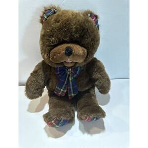 ToyORama vintage teddy bear brown Plush Stuffed Animal checkered bowl & paws 21”